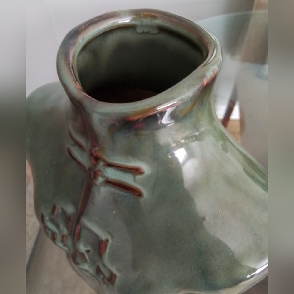Decorative Olive Green Ceramic Jacket Vase with Red Accents - Picture 3 of 3
